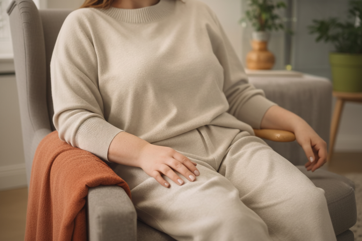 Жінка сидить у кріслі в домашньому образі: перевірка комфорту посадки штанів у сидінні