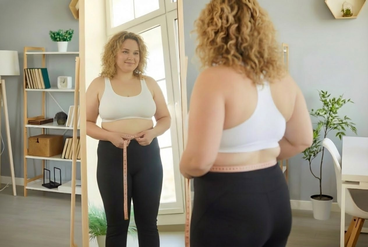 Плюс-сайз жінка знімає мірки сантиметровою стрічкою вдома біля дзеркала