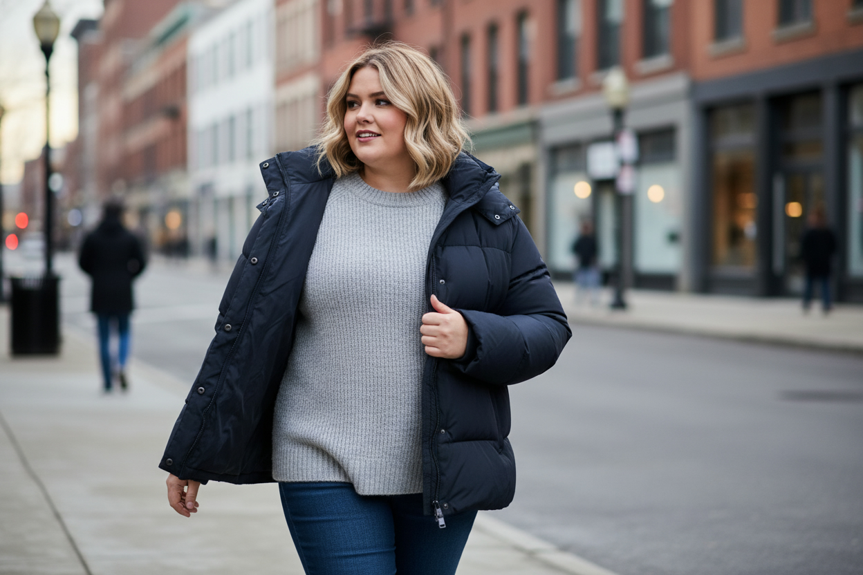 Шарування взимку у plus size: комфортний светр і верхній шар без “сауни”